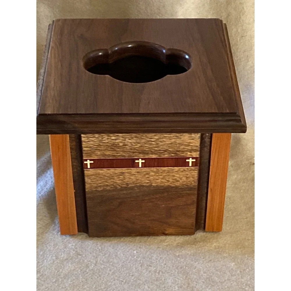 Solid Dark Wood Tissue Box with Cross Inlay